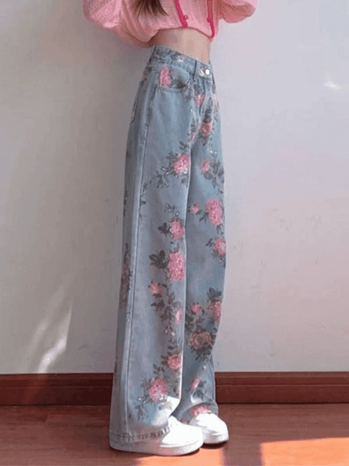 Vintage Floral High Rise Boyfriend Jeans - Y2K Fashion Aesthetic for Women