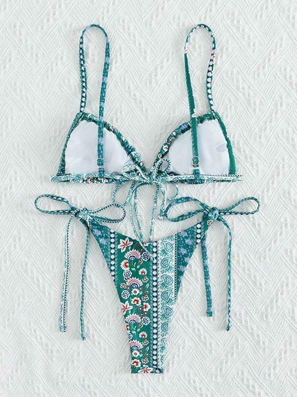 Vintage Floral Lace-Up Bikini Set - Y2K Fashion Swimwear for Women