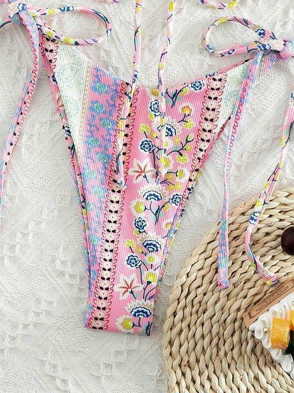 Vintage Floral Lace-Up Bikini Set - Y2K Fashion Swimwear for Women