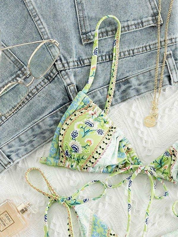 Vintage Floral Lace-Up Bikini Set - Y2K Fashion Swimwear for Women