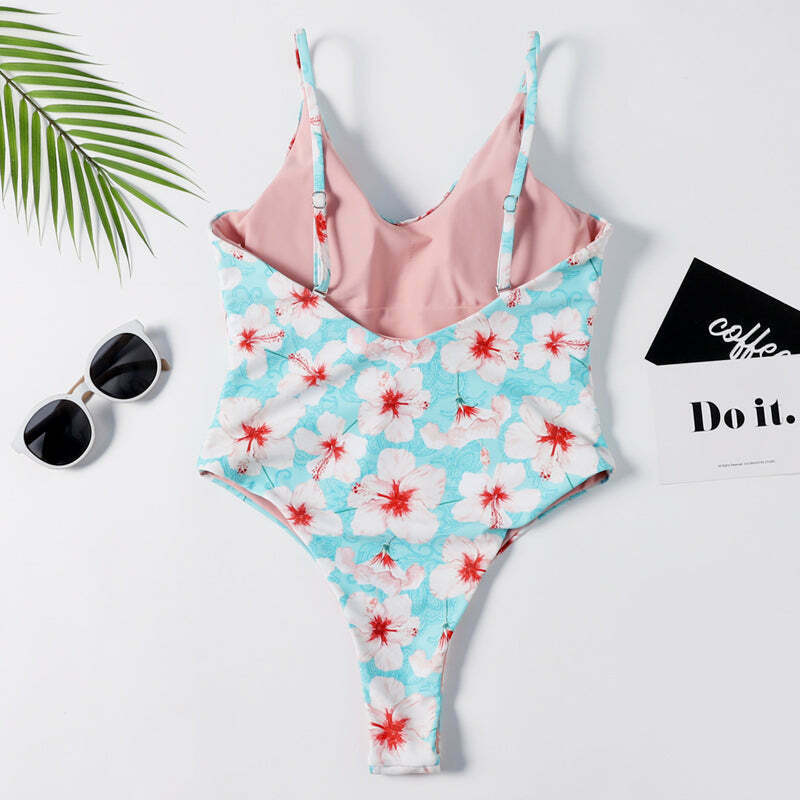 Vintage Floral One-Piece Swimsuit with Plunging Neckline - Y2K Fashion Swimwear