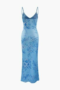 Vintage Floral Print V-neck Maxi Dress - Y2K Fashion Aesthetic for Women