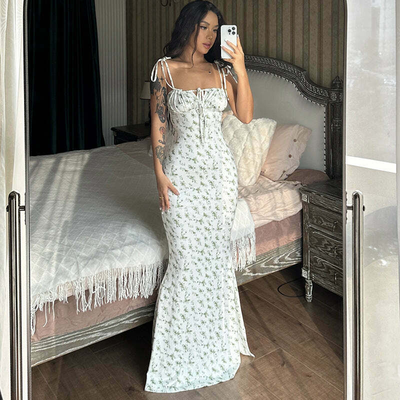 Vintage Floral Sling Maxi Dress - Y2K Aesthetic Coquette Grunge Style