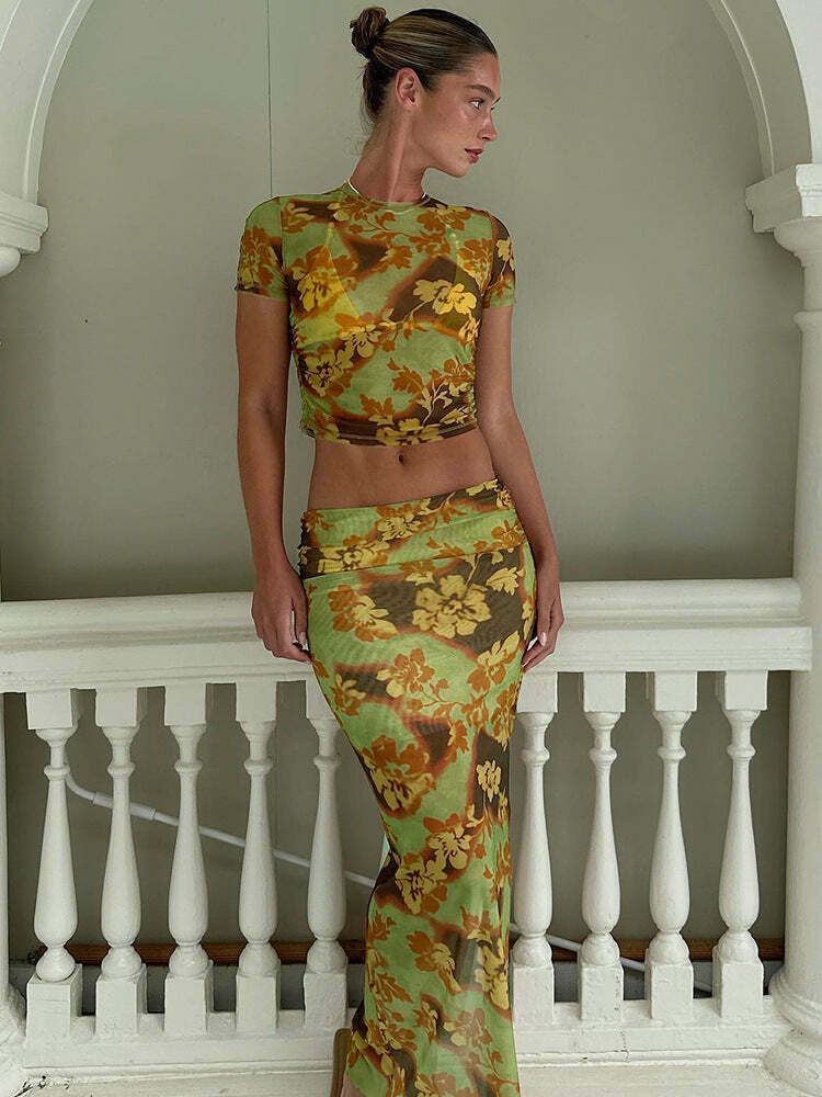 Vintage Flower Print Mesh Skirt Suit - Y2K Fashion Aesthetic Outfit for Women