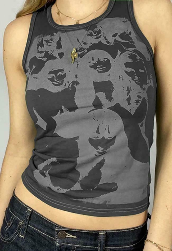 Vintage Girl Graphic Crop Tank - Y2K Aesthetic Coquette Style with Grunge & Pastel Goth Vibes