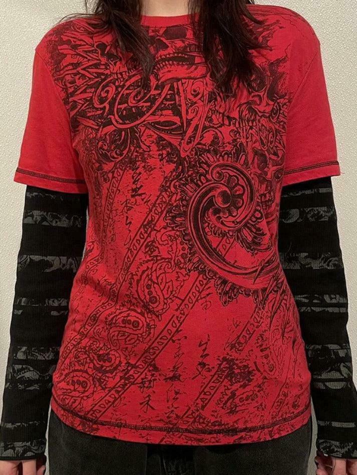 Vintage Graphic Print Oversized Long Sleeve Tee - Y2K Fashion Aesthetic Women's Clothing