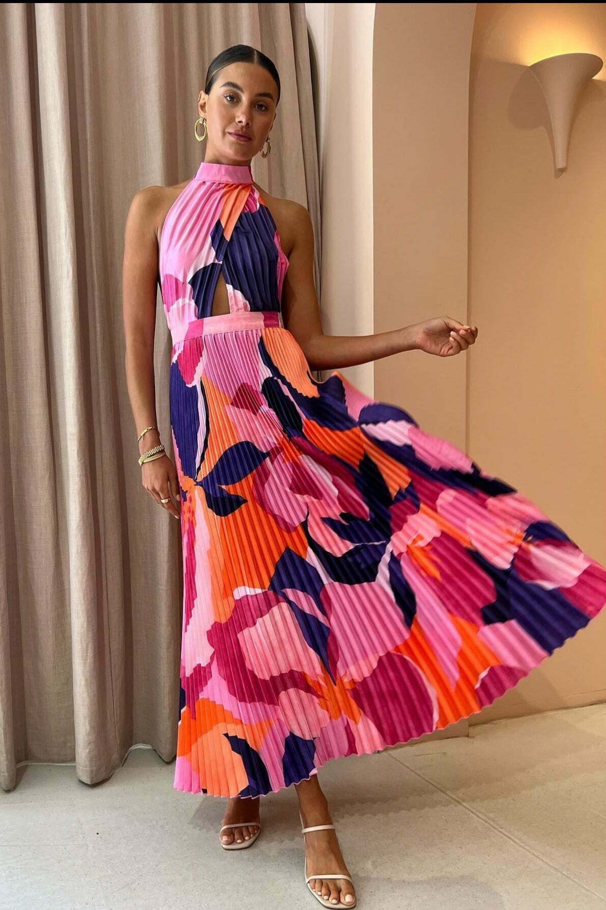 Vintage Halter Neck Pleated Maxi Dress - Y2K Coquette Grunge Pastel Goth