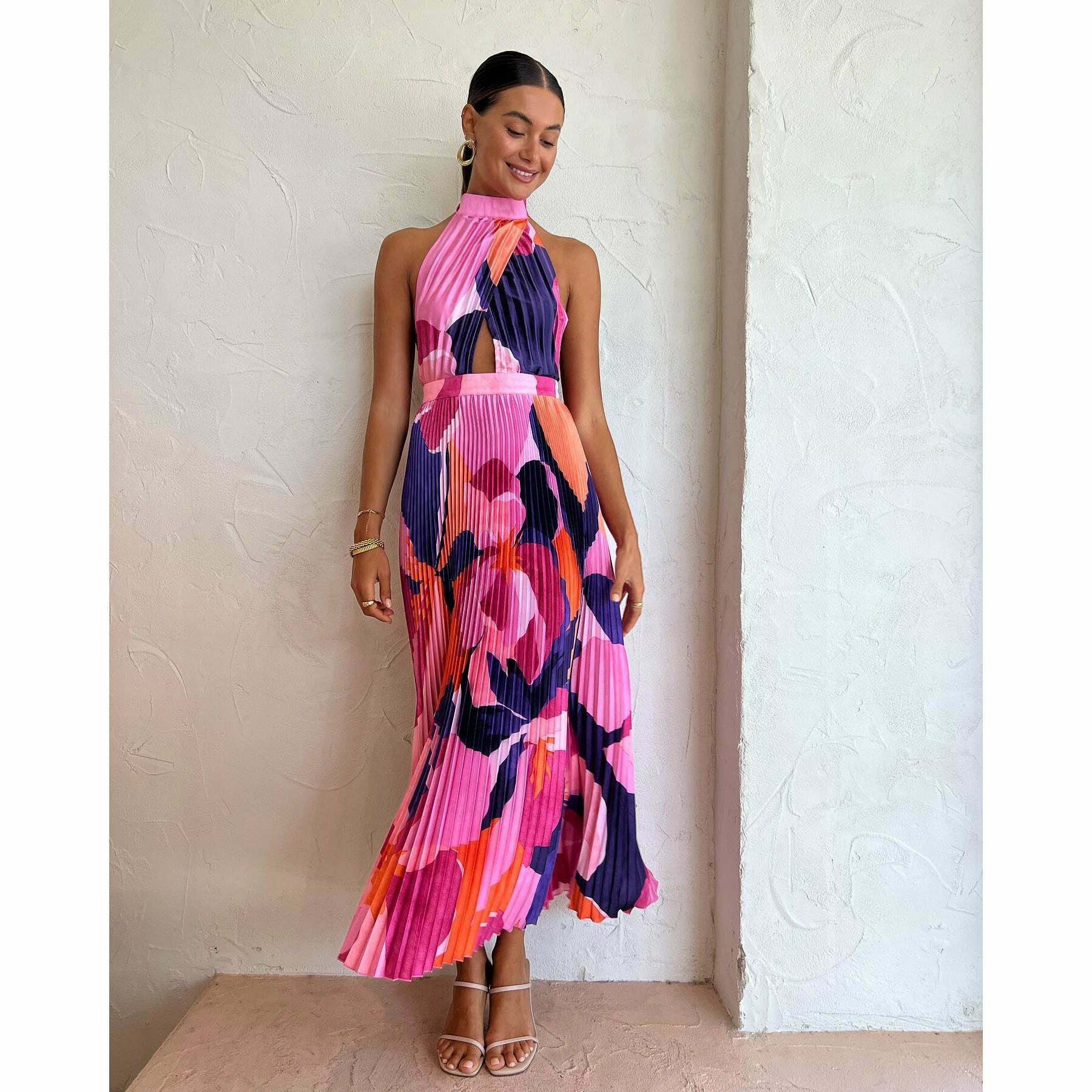Vintage Halter Neck Pleated Maxi Dress - Y2K Coquette Grunge Pastel Goth