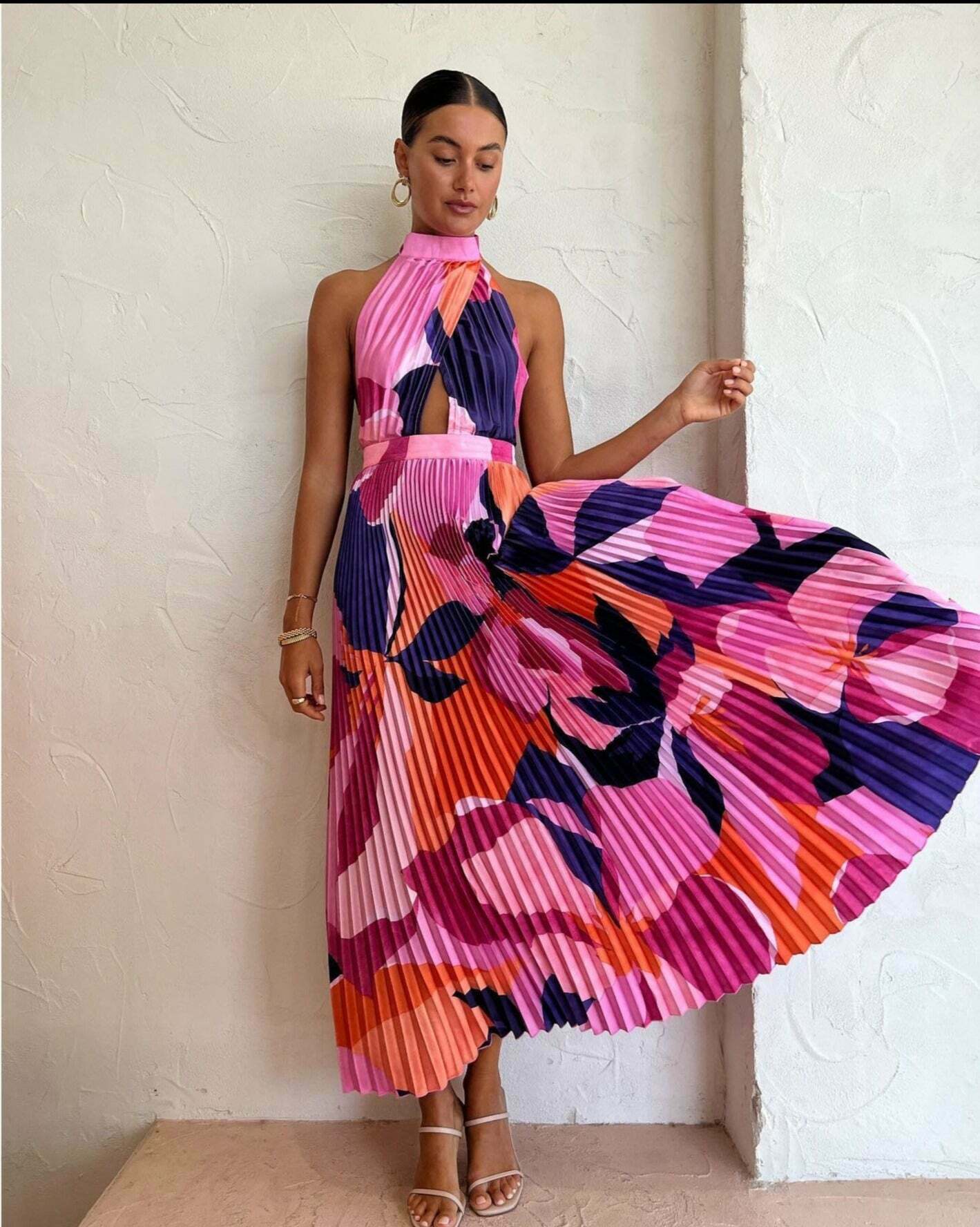 Vintage Halter Neck Pleated Maxi Dress - Y2K Coquette Grunge Pastel Goth
