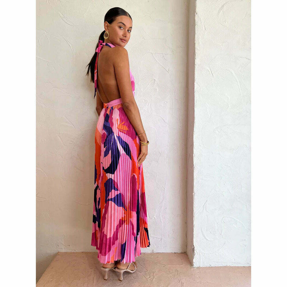 Vintage Halter Neck Pleated Maxi Dress - Y2K Coquette Grunge Pastel Goth