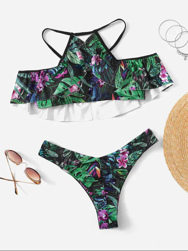 Vintage Halter Ruffles Bikini Set with Ethnic Print for Y2K Fashion Enthusiasts