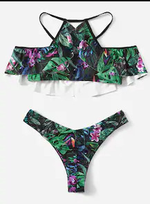 Vintage Halter Ruffles Bikini Set with Ethnic Print for Y2K Fashion Enthusiasts