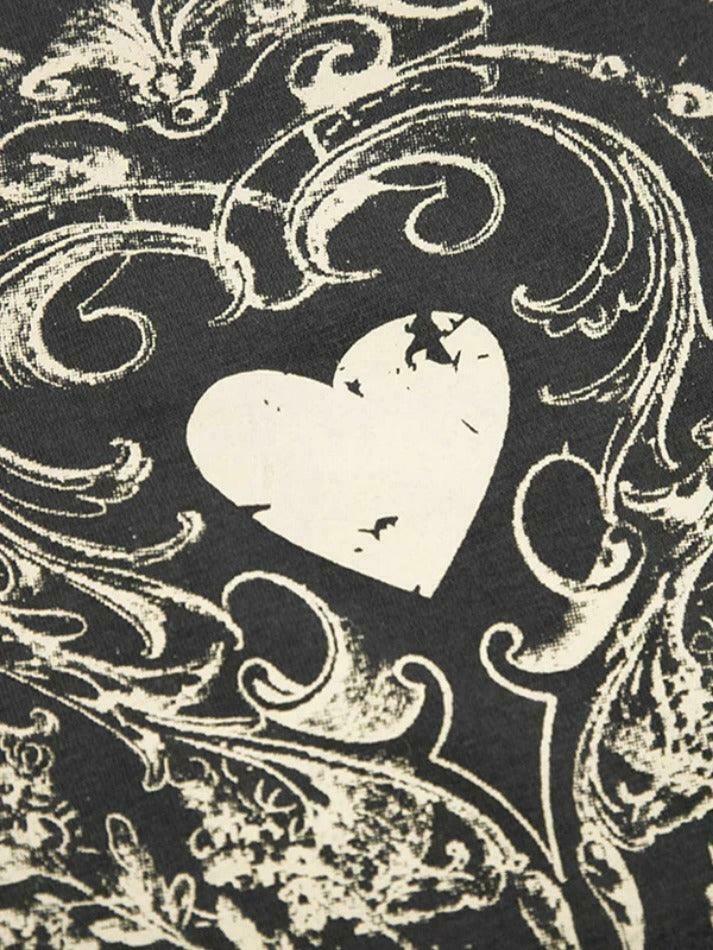 Vintage Heart Print Off Shoulder Long Sleeve Tee - Y2K Coquette Aesthetic Grunge Style Cute Tops
