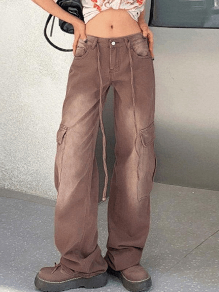 Vintage High Rise Loose Tie Jeans - Y2K Fashion Denim with a Coquette Aesthetic