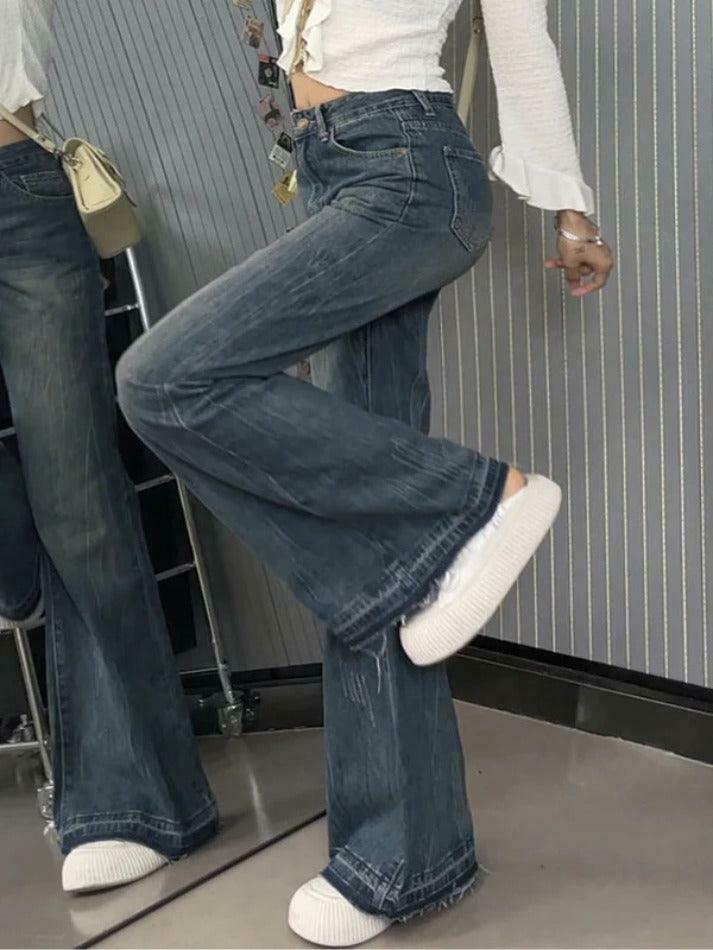 Vintage High Rise Raw Trim Flare Jeans - Y2K Fashion Staple for Women's Niche Aesthetic
