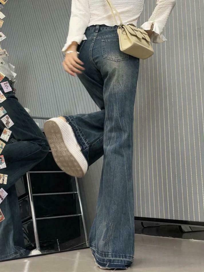 Vintage High Rise Raw Trim Flare Jeans - Y2K Fashion Staple for Women's Niche Aesthetic