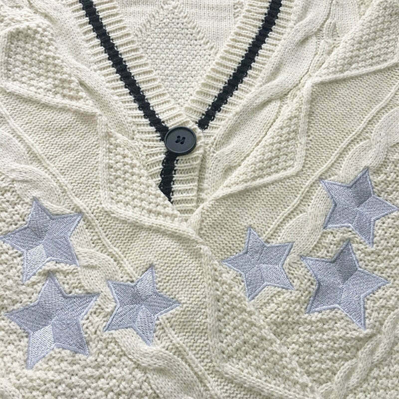 Vintage Hollywood Starlet Star-Embroidered Cardigan - Y2K Fashion Aesthetic for Women