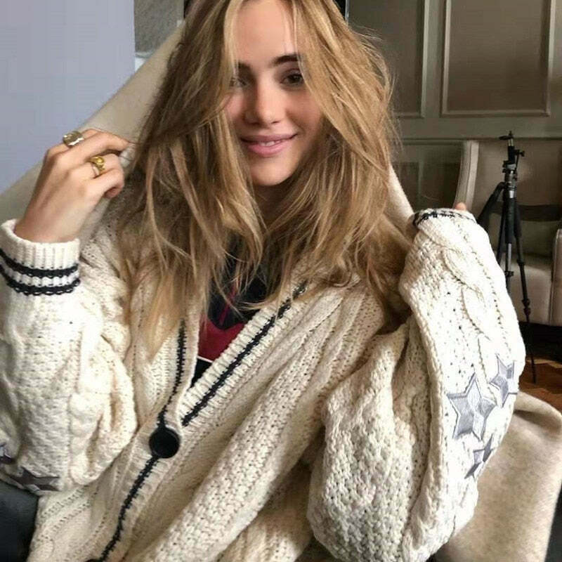 Vintage Hollywood Starlet Star-Embroidered Cardigan - Y2K Fashion Aesthetic for Women