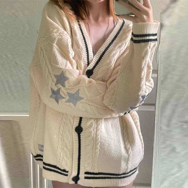 Vintage Hollywood Starlet Star-Embroidered Cardigan - Y2K Fashion Aesthetic for Women
