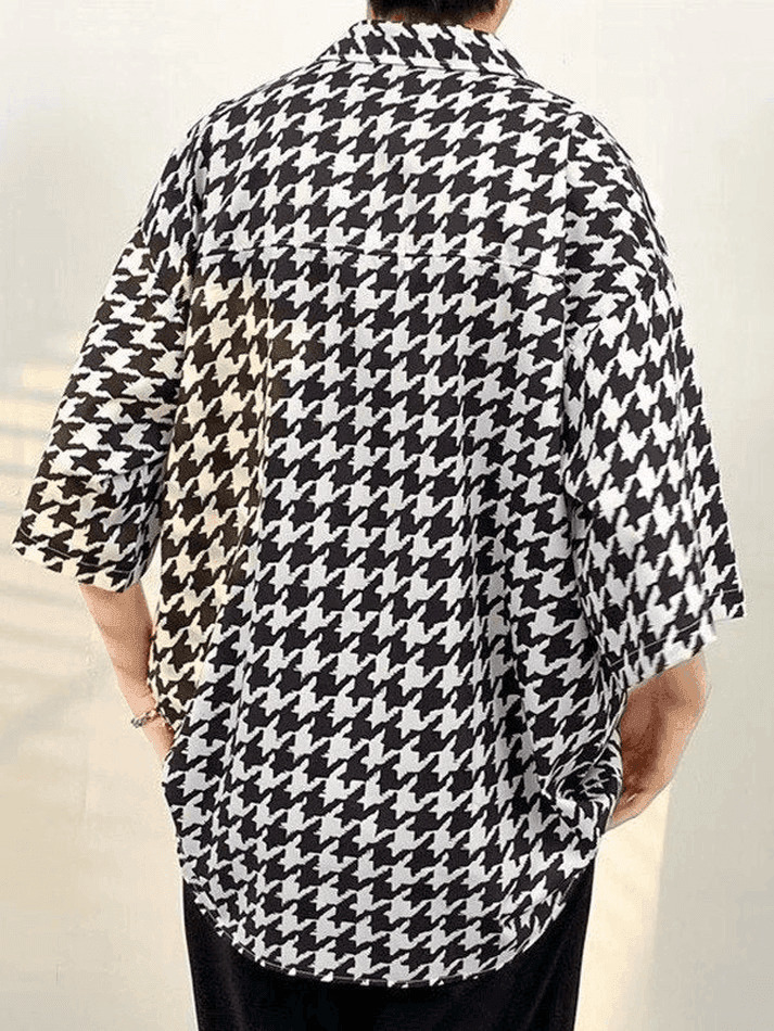Vintage Houndstooth Shirt: Y2K Fashion Men's Coquette Aesthetic Grunge Style Button Down