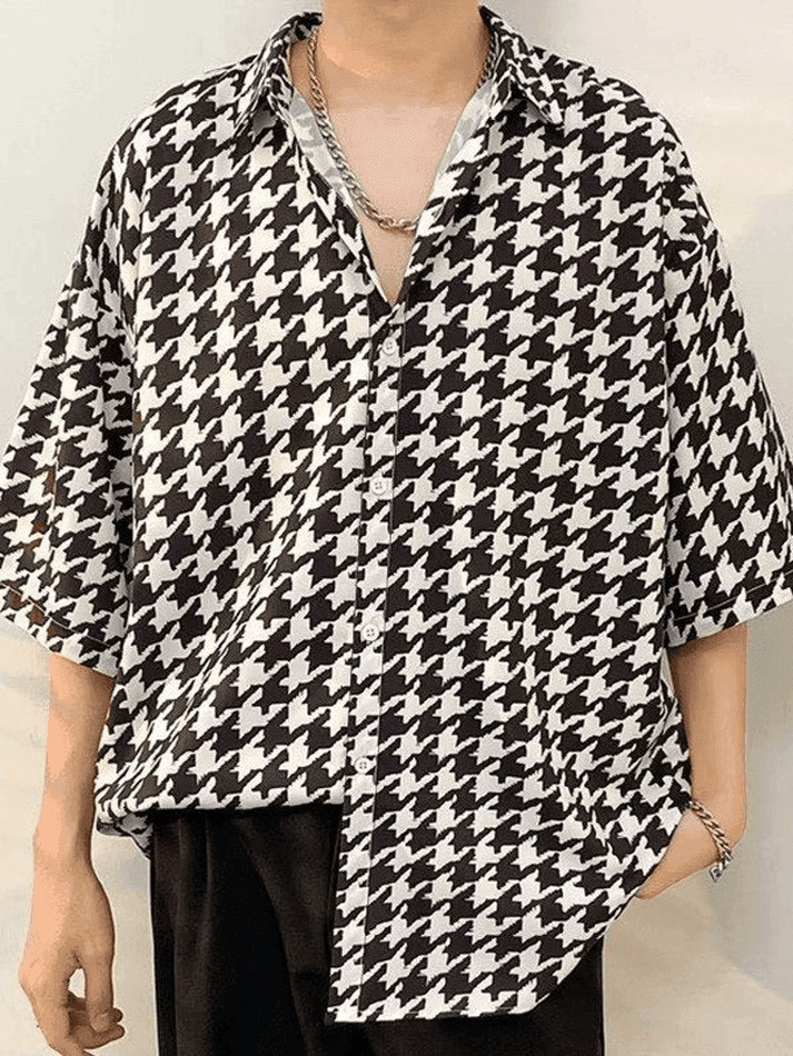 Vintage Houndstooth Shirt: Y2K Fashion Men's Coquette Aesthetic Grunge Style Button Down