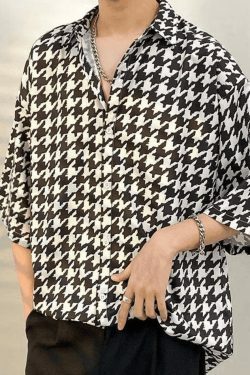 Vintage Houndstooth Shirt: Y2K Fashion Men's Coquette Aesthetic Grunge Style Button Down