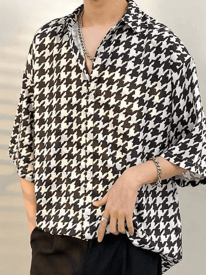 Vintage Houndstooth Shirt: Y2K Fashion Men's Coquette Aesthetic Grunge Style Button Down