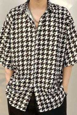 Vintage Houndstooth Shirt: Y2K Fashion Men's Coquette Aesthetic Grunge Style Button Down