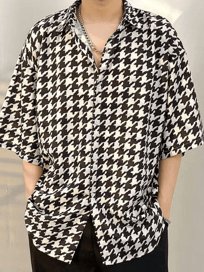 Vintage Houndstooth Shirt: Y2K Fashion Men's Coquette Aesthetic Grunge Style Button Down