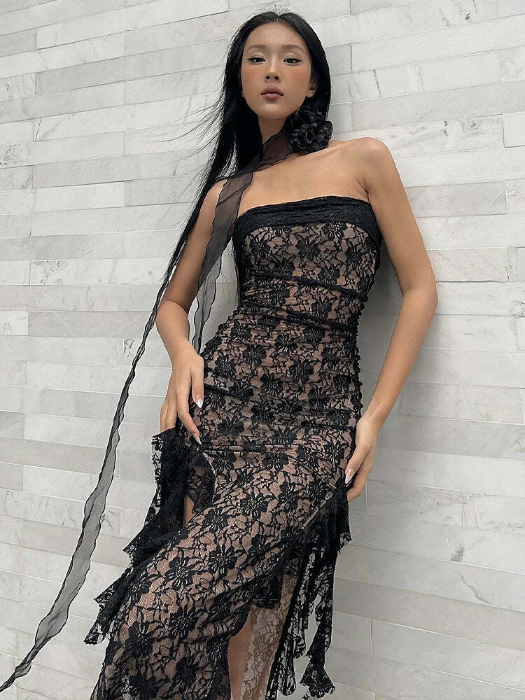 Vintage Lace Double Layer Tube Dress - Y2K Aesthetic Fashion for Women - Coquette Style Outfit