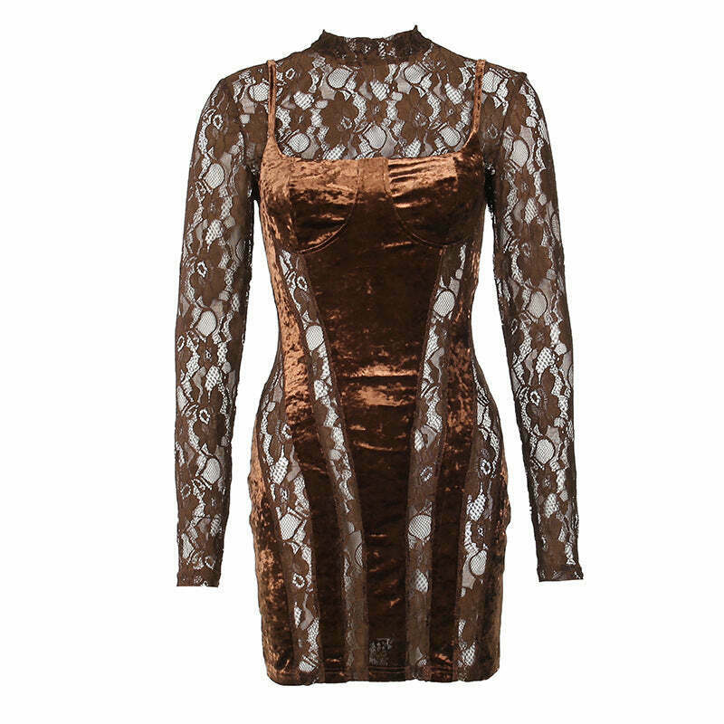 Vintage Lace High-Neck Long-Sleeve Dress - Y2K Fashion Aesthetic, Coquette & Grunge Vibes