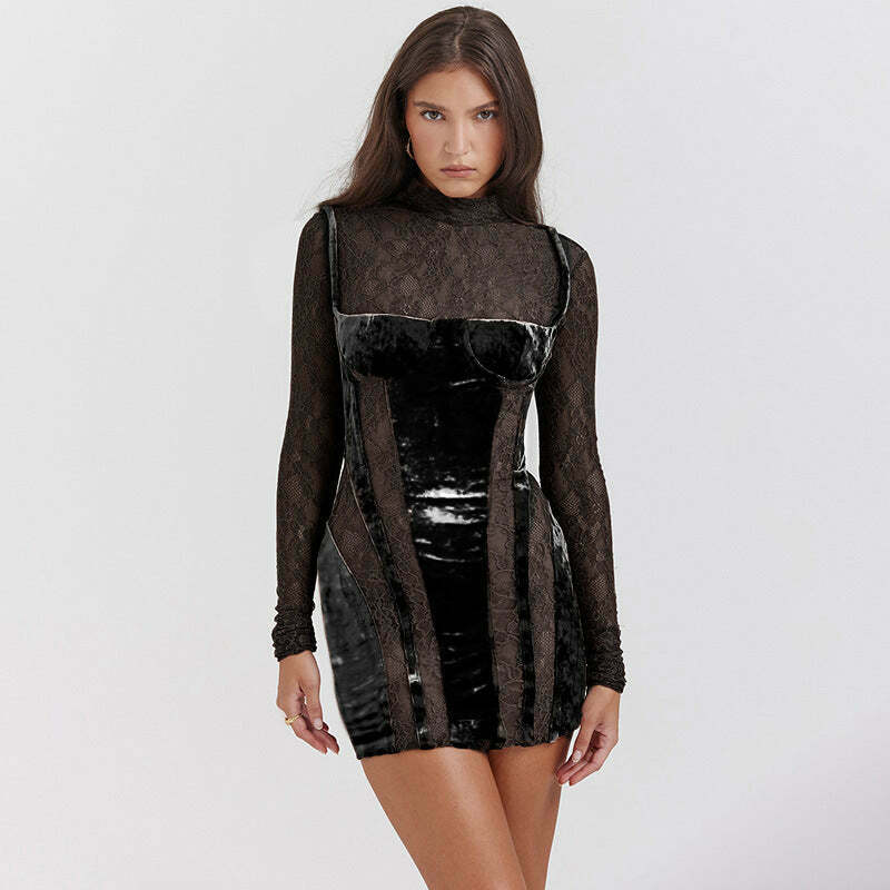 Vintage Lace High-Neck Long-Sleeve Dress - Y2K Fashion Aesthetic, Coquette & Grunge Vibes