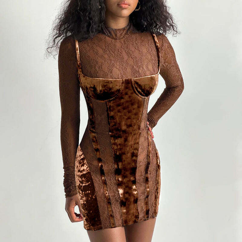 Vintage Lace High-Neck Long-Sleeve Dress - Y2K Fashion Aesthetic, Coquette & Grunge Vibes