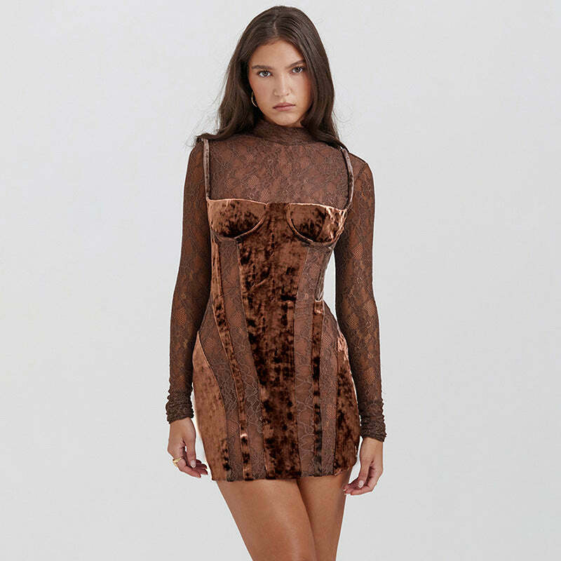 Vintage Lace High-Neck Long-Sleeve Dress - Y2K Fashion Aesthetic, Coquette & Grunge Vibes