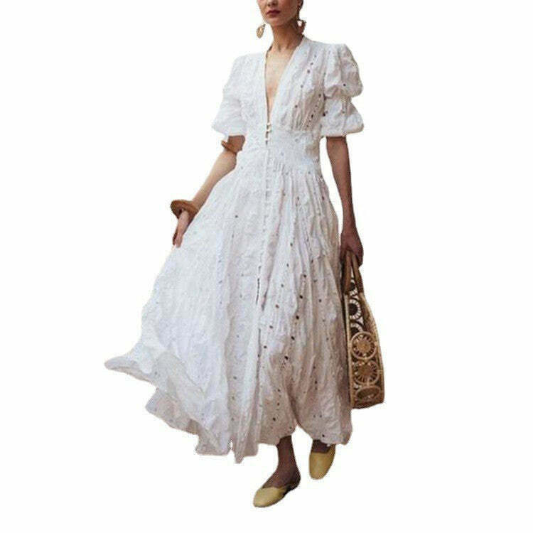 Vintage Lace Maxi Dress with Bubble Sleeves - Y2K Fashion Aesthetic for Women