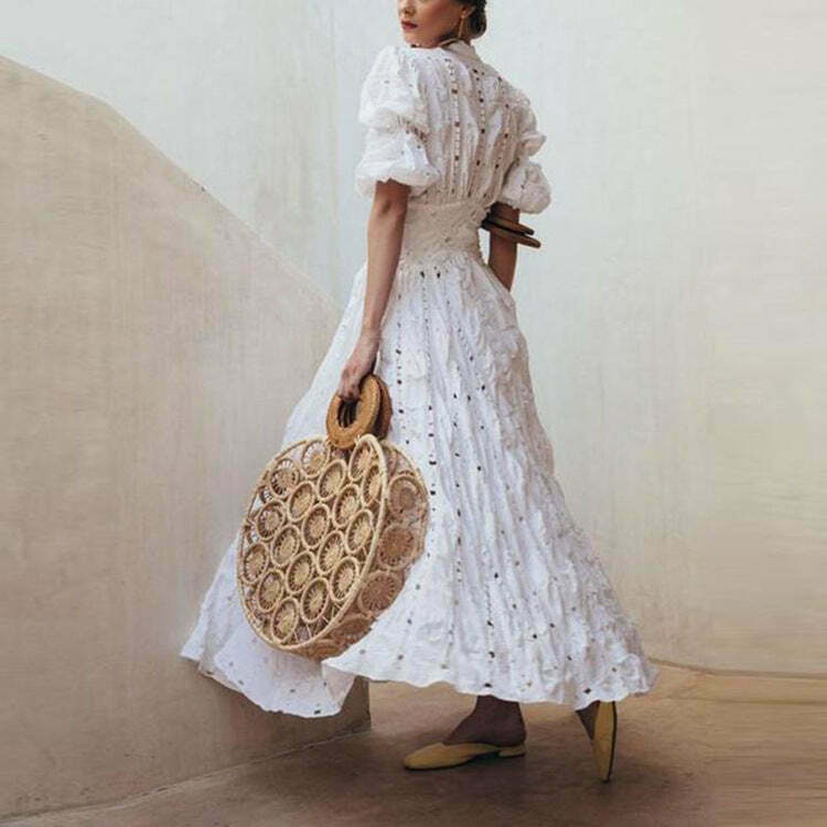Vintage Lace Maxi Dress with Bubble Sleeves - Y2K Fashion Aesthetic for Women