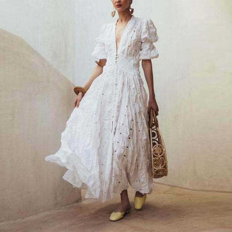 Vintage Lace Maxi Dress with Bubble Sleeves - Y2K Fashion Aesthetic for Women