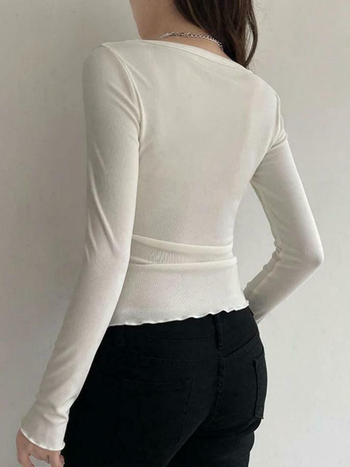 Vintage Lace Splice Square Neck Long Sleeve Tee - Y2K Fashion Aesthetic for Women