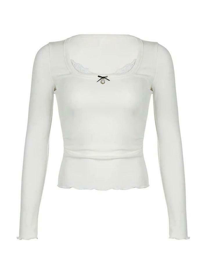 Vintage Lace Splice Square Neck Long Sleeve Tee - Y2K Fashion Aesthetic for Women