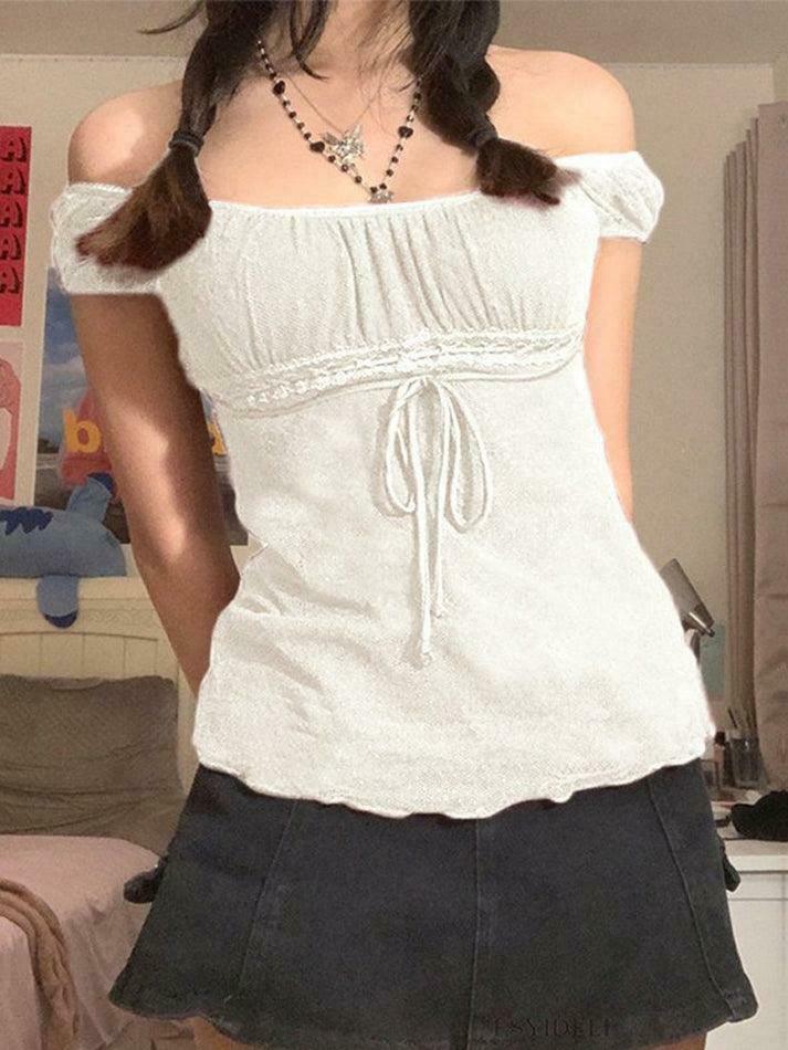 Vintage Lace Trim Blouse with Tie Front - Y2K Fashion Aesthetic Women's Top