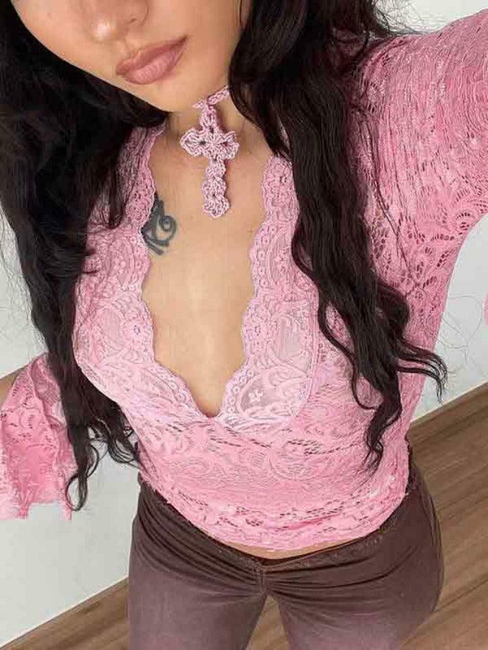 Vintage Lace V-Neck Flare Sleeve Shirt - Y2K Fashion Aesthetic for Women