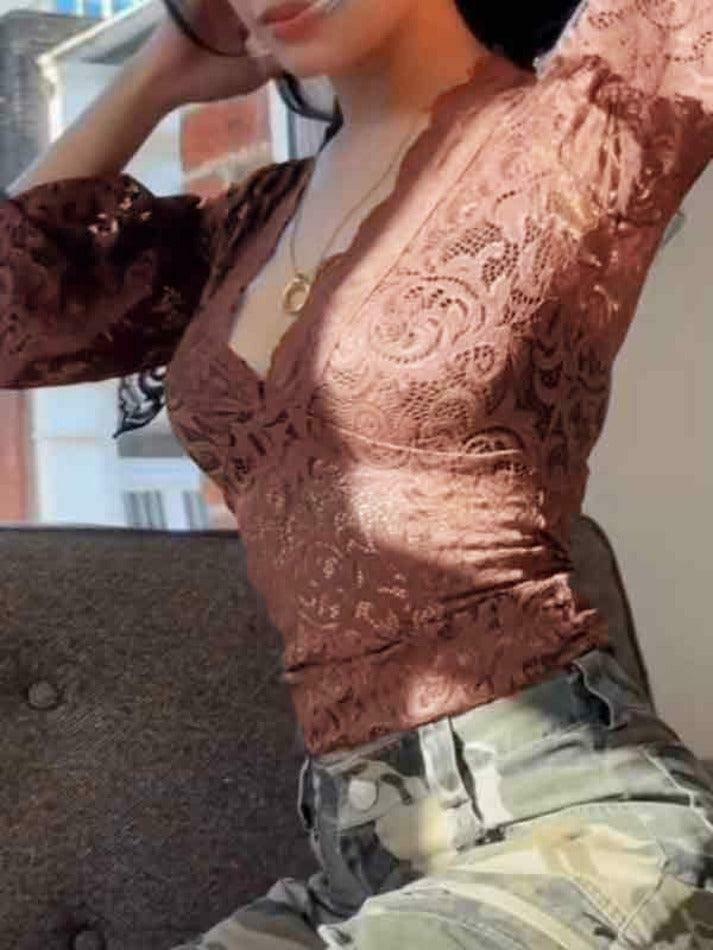 Vintage Lace V-Neck Flare Sleeve Shirt - Y2K Fashion Aesthetic for Women