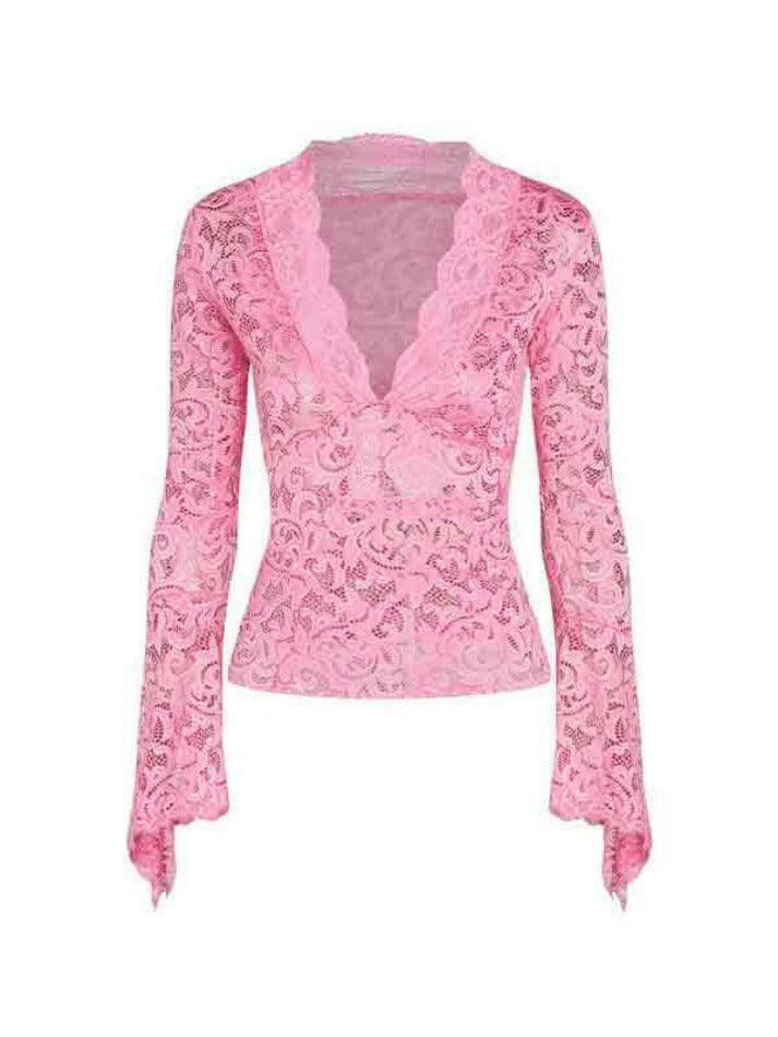 Vintage Lace V-Neck Flare Sleeve Shirt - Y2K Fashion Aesthetic for Women