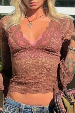 Vintage Lace V-Neck Flare Sleeve Shirt - Y2K Fashion Aesthetic for Women