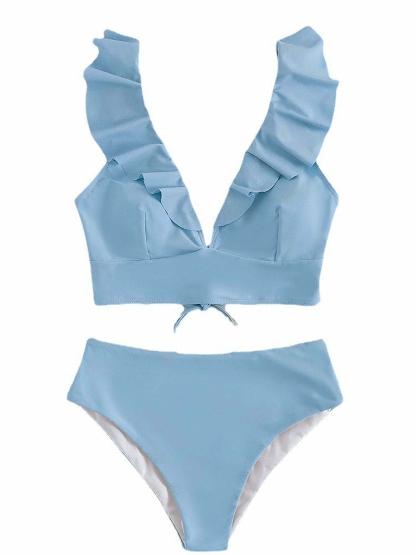 Vintage Lace V-neck Ruffled High Waist Bikini - Y2K Fashion Swimwear for Women