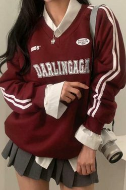 Vintage Letter Print V Neck Piping Long Sleeve Tee - Y2K Fashion Aesthetic Top