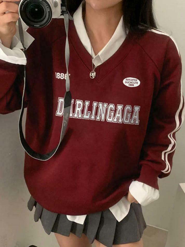 Vintage Letter Print V Neck Piping Long Sleeve Tee - Y2K Fashion Aesthetic Top