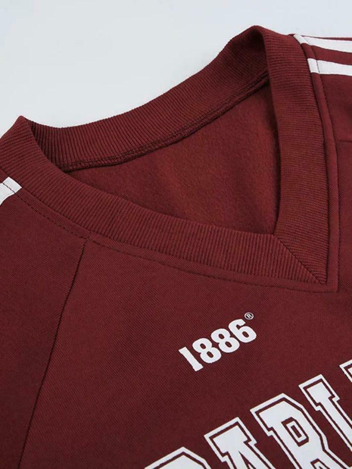 Vintage Letter Print V Neck Piping Long Sleeve Tee - Y2K Fashion Aesthetic Top