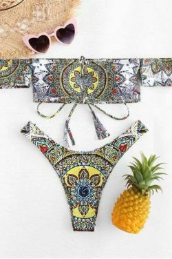 Vintage Mandala Print Off Shoulder Bikini Set - Y2K Fashion Swimwear for Women