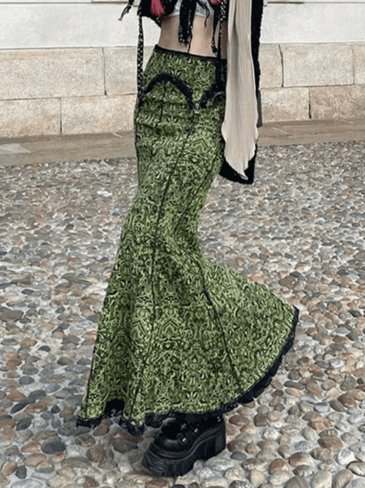 Vintage Mermaid Patchwork Printed Maxi Skirt - Y2K Fashion Statement with Coquette Aesthetic Flair